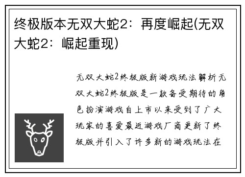 终极版本无双大蛇2：再度崛起(无双大蛇2：崛起重现)